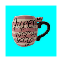 Queen for a Day Coffee Mug Cup Pier One Pink Stripes Black Polka Dot Int... - $14.03