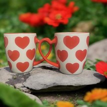 2-IRONSTONE Coffee Mugs Red Hearts Red Heart Shaped Handle White Tea Cups - £18.69 GBP
