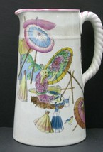Antique Hand Painted Parapluie Ceramic Pottery Pitcher Oriental Painter Umbrella - £37.22 GBP