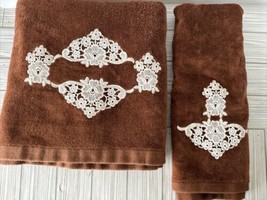 Vintage Martex Set Bath Towel &amp; Hand Towel Embroidered Chocolate Brown Soft! - £14.77 GBP