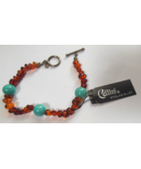 CELLINI Amber &amp; Turquoise  Bracelet W/Sterling Silver Toggle Clasp 7.5&quot; - $33.65 CAD