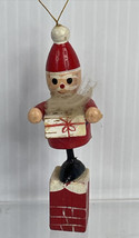 Vintage Joyful Santa Clause Down The Chimney Wooden Christmas Ornament - £7.85 GBP
