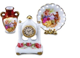 Mantel Clock Set 1.612/6 Reutter Plate, Red Lustre Vase DOLLHOUSE Miniature - £28.44 GBP