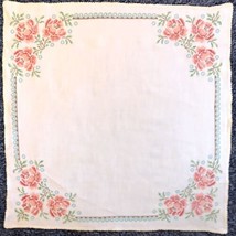 VTG Cross-Stitch Handmade Square Linen Tablecloth 33x33 Pink Roses Blue Flowers - £32.61 GBP
