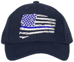 Thin Blue Line Wavy Flag Embroidered Flex Fit or Adjustable Hat - £17.79 GBP+