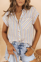 Women&#39;s Multicolor Stripe Short Sleeve Button up Shirt - £27.65 GBP