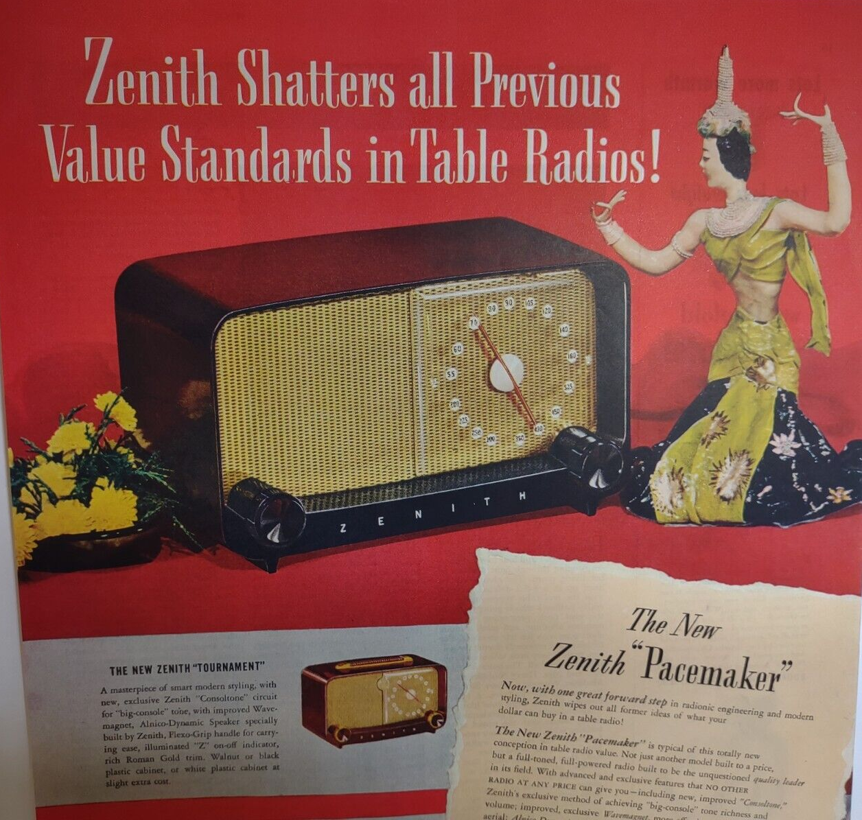 Zenith Pacemaker Tournament Zephyr Radio Print AD Vintage 1948 Ready To Frame - $22.80