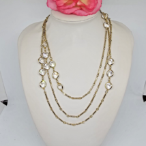 Vintage Bezel Set Clear Crystal Gold Tone Long Chain Station Necklace 60&quot; - $34.95