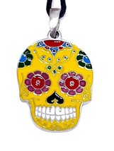Sugar Skull Santa Muerte Mexican Necklace Pendant Day of the Dead Enamel Corded - £13.07 GBP