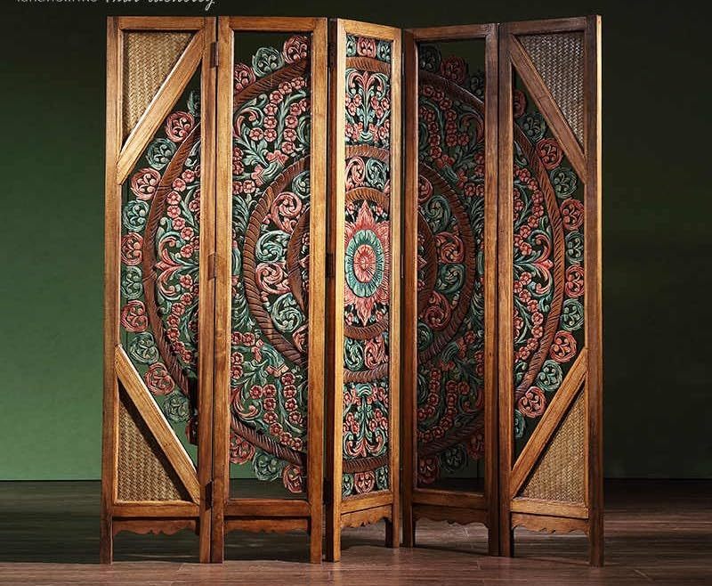 Thai Heritage Hand-Carved Wooden Room Divider Screen, Southeast Asian Floral Mot Item image 3