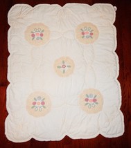 Crib Toddler Bed Comforter Cream Crocheted Roses Medallion Scalloped Edge - £31.96 GBP