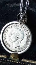 Antique Vintage 1940 Silver King George VI Coin Pendant on 18 inch Modern Chain - $74.25