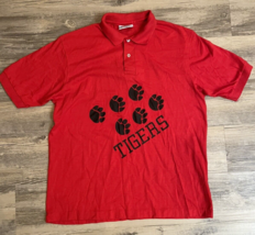 Vtg Pep Club Tigers Paws Single Stitch Solid Red Polo Shirt Mens Large USA - $11.64