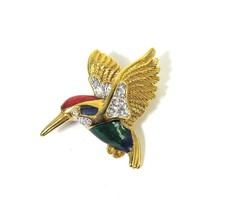 Vtg Atwood &amp; Sawyer Enamel Gold Humming Bird Brooch Rhinestone Bird Pin A&amp;S UK - $37.57