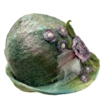 VTG 1990s Hand Felted Wool Cloche Hat Green Floral 20s Style Costume L - $123.70