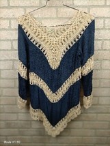 Vivid Importers of NY Tunic Boho Top Blouse Size L Blue Ivory Macrame Crochet  - £17.40 GBP