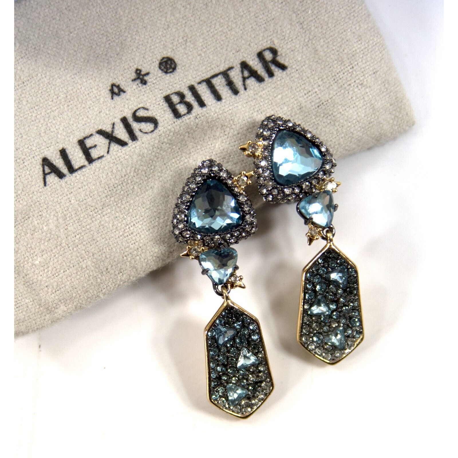 Alexis Bittar Blue Crystal Rhodium Plated Shield Drop CLIP ON Earrings NWT RARE! - $242.06