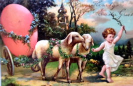 Easter Postcard Fantasy Lambs Hauling Giant Egg Carriage PFB 5837 Germany 1909 - $25.84