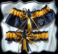 New Orleans SAINTS Black Satin, Skinny Ribbons, Flower, Wedding Garter Set - £19.65 GBP