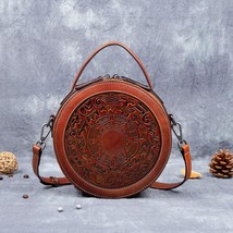 Retro Embossed Totem Circular Small Shoulder Bags  New Genuine Leather W... - £97.24 GBP