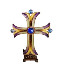 Stained Glass Cross Sun Catcher Candle Holder Vtg 9 x 13 Yellow Grn Purple Blue - £50.60 GBP