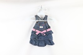 Vintage OshKosh B&#39;Gosh Baby Size 12 Months Ruffled Denim Overalls Dress Bowtie - £30.92 GBP
