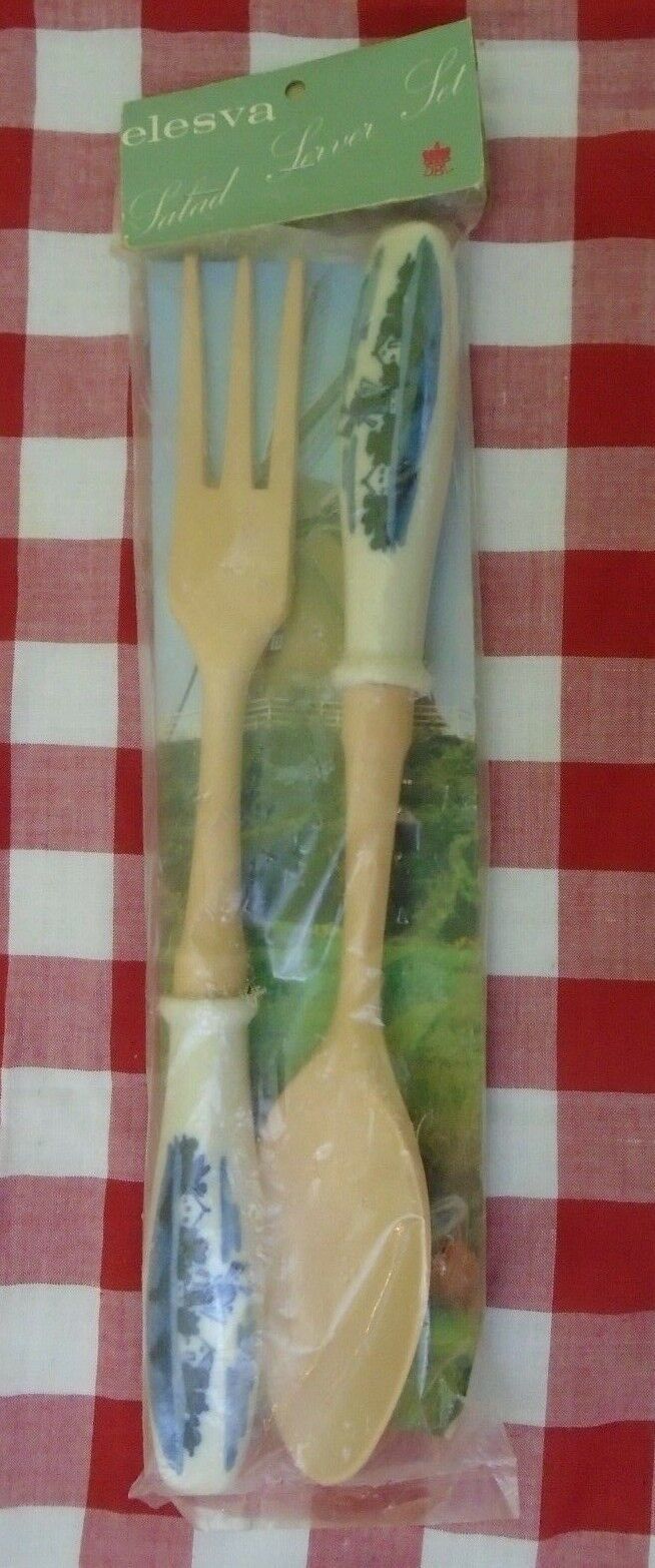  ELESVA Salad Server Set Vintage With Windmill Scene Delft Handles Holla... - $7.81