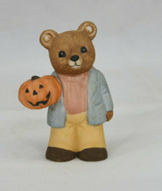 Vintage Porcelain Bear In Blue Jacket Holding A Pumpkin Figurine - $8.95