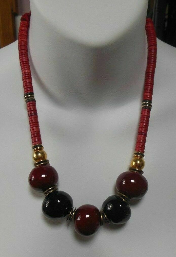 Primary image for Runway Statement Shiny Cherry/Black Glass Bead Necklace W/Brass Disk Spacers