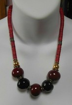 Runway Statement Shiny Cherry/Black Glass Bead Necklace W/Brass Disk Spacers - £37.19 GBP