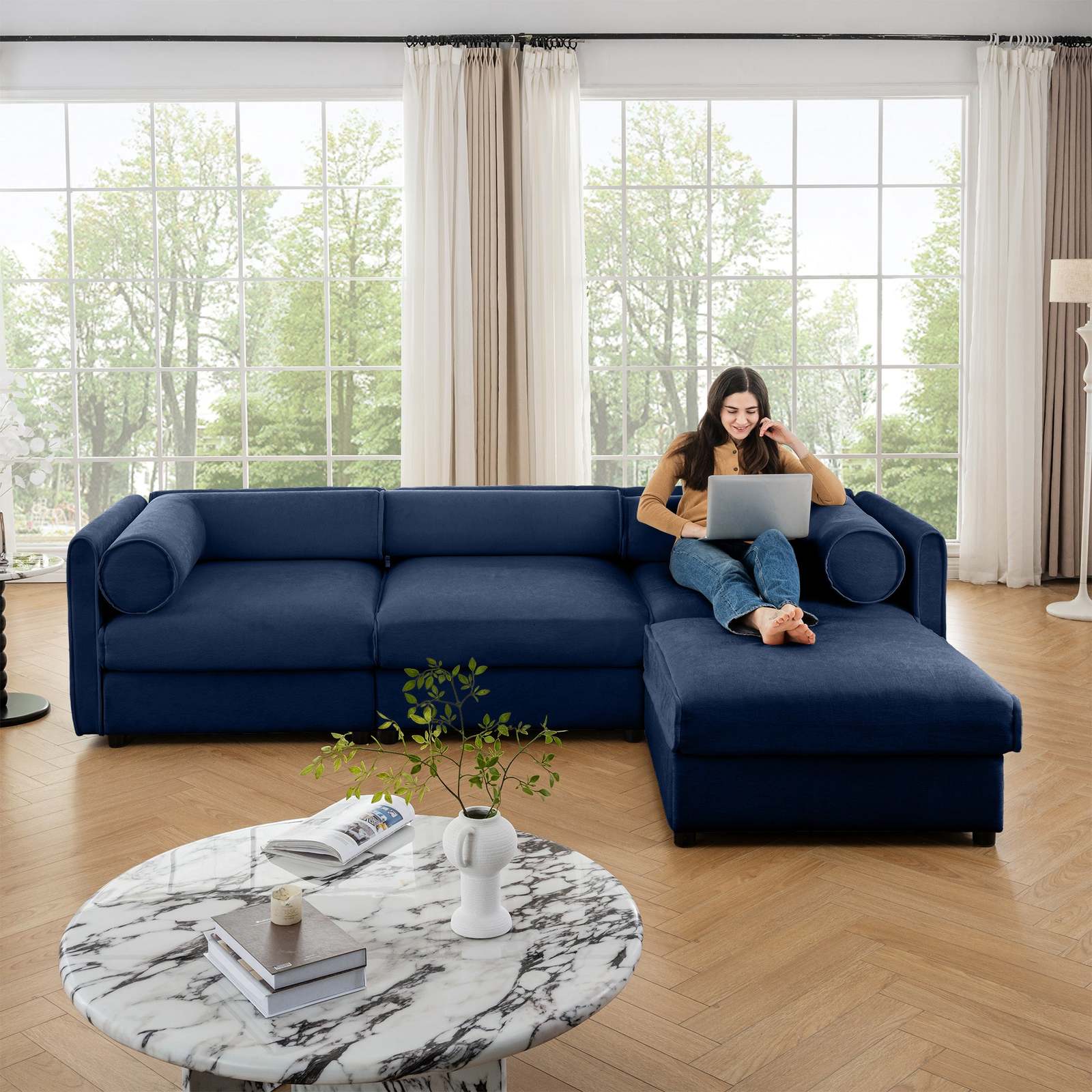 Elegant Blue Chenille L-Shaped Sofa with Storage Ottoman Item image 4