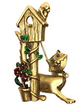 Birdhouse Cat Brooch Vintage DANECRAFT Pin Enamel Flowers Gold Tone Signed - £14.78 GBP