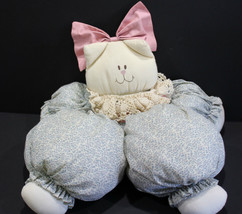 Plush Doll Fat Cat Vintage Cottagecore Pink Blue Crochet Collar Hair Ribbon  - £21.45 GBP