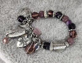 Womens Charm Bracelet Purple Beaded Silver Tone Rhinestone Charms Hippie - £18.94 GBP