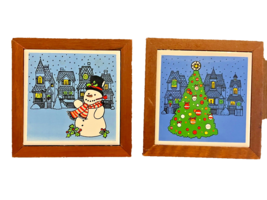 Trivets 2 Jasco Christmas Tree &amp; Snowman Tile Wood Framed 5.25 Inch Square Vtg - £14.59 GBP