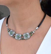 Leather bib necklace, green, antique silver necklace (255) - £19.66 GBP