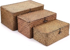 Hipiwe Set Of 3 Natural Seagrass Storage Baskets With Lid - Large, Coffee - £37.67 GBP