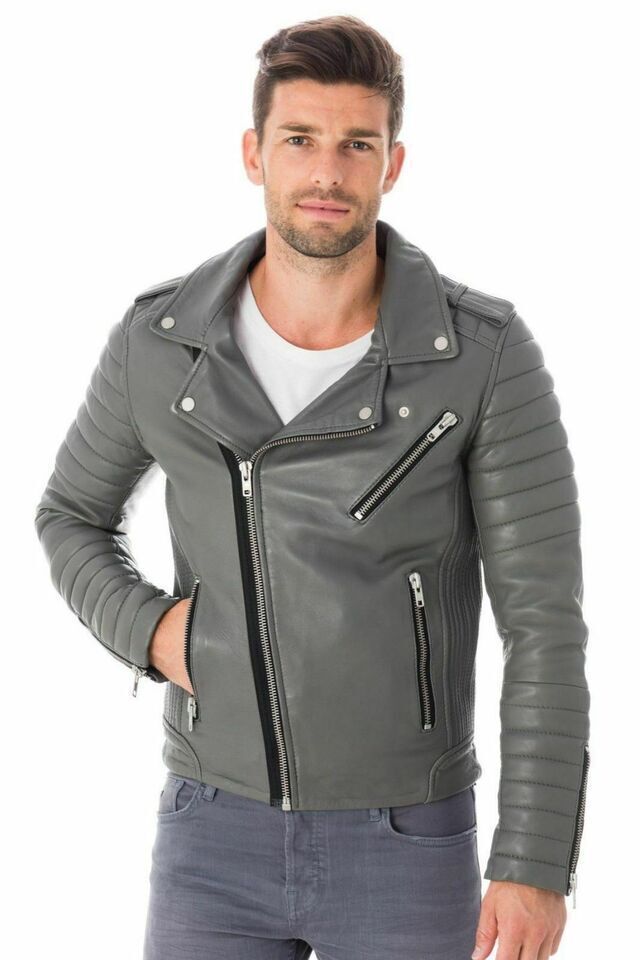 Primary image for Genuine Lambskin Leather Jacket Men's Grey  Handmade Motorcycle Biker Designer