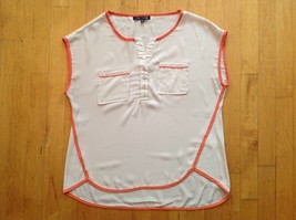 Love Culture Cream/ Orange Sleeves Sheer  Blouse size Medium Front Pockets - $12.86