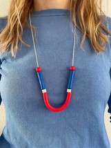 Vibrant Red Polymer Clay Necklace with Deep Blue Beads,Colorful Geometric U-Shap - £17.64 GBP