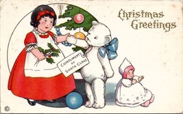 Christmas Greetings Girl Red Dress Large White Teddy Bear Doll Postcard Y20 - £7.00 GBP