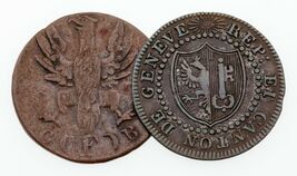 Lot of 2 Coins 1821 German States Frankfurt Heller and 1817-H Geneva 1 S... - $89.54