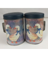 Vintage JSNY Winter Geese Goose With Blue Bows Tin Salt &amp; Pepper Shakers - $14.54