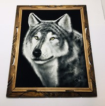 MCM Original Ortiz Velvet Oil Painting Wolf Husky Black Silver 23&quot;x 19&quot; Framed - $118.75