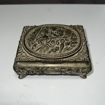 Vintage Footed Metal Jewelry Trinket Box Silver Tone Red Velvet Lined 4.... - $12.22