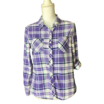 Arizona Jeans Womens Juniors Plaid Roll-Tab Sleeve Shirt Size M Lilac Purple - £12.17 GBP