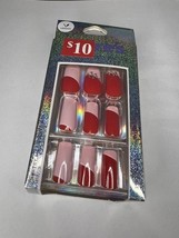 24pc Claire&#39;s Fake False Press On Nails Glue On Vegan Red Pink Rhineston... - $187.39 MXN