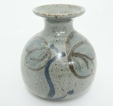 Small Bulbous Pottery Vase Pot 4&quot; Tall Gray Blue Brown Flower Incised Si... - £7.49 GBP