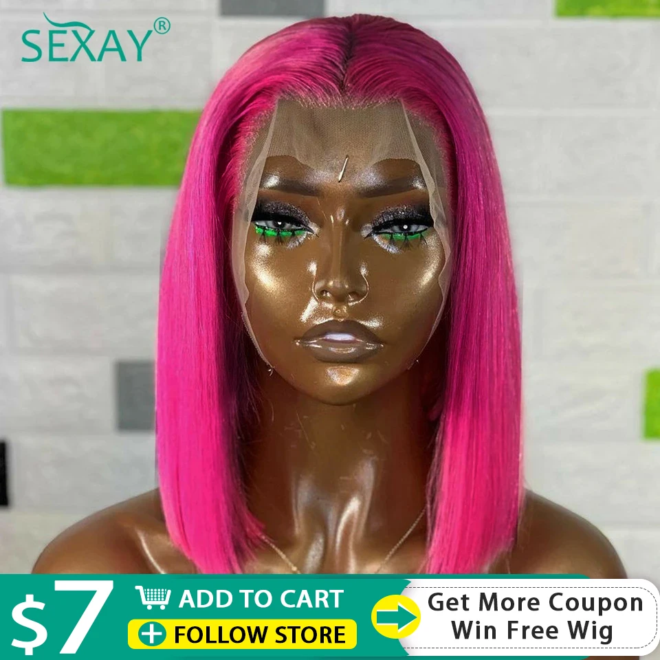 Hot Pink Short Bob Lace Front Wigs Brazilian Human Hair Wigs 13x4 HD Transpare - £46.70 GBP+