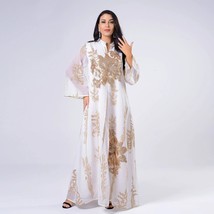 Sequins Dubai Abaya Women Jalabiya Dress Imitation Linen  Emboridery Moroccan Ca - £97.22 GBP